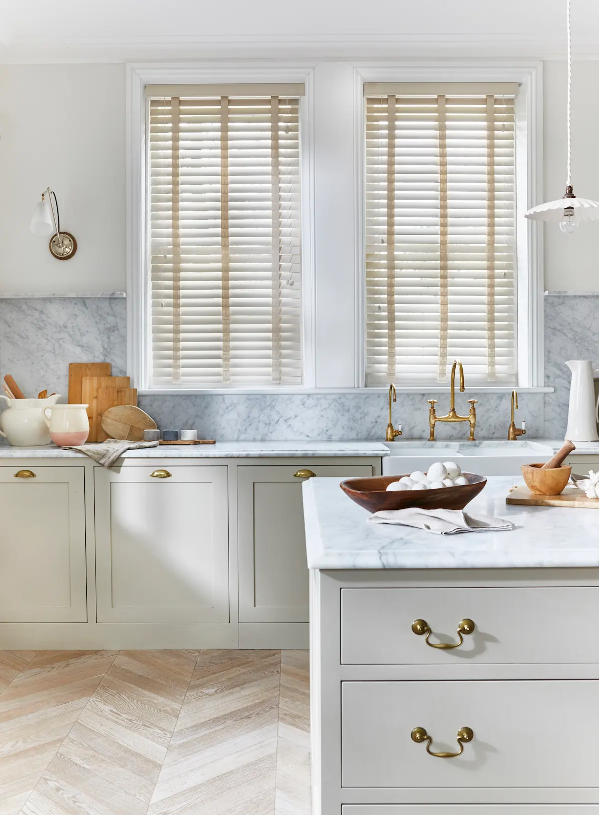 Real wood blinds in a bright white kitchen – Northfield Blinds